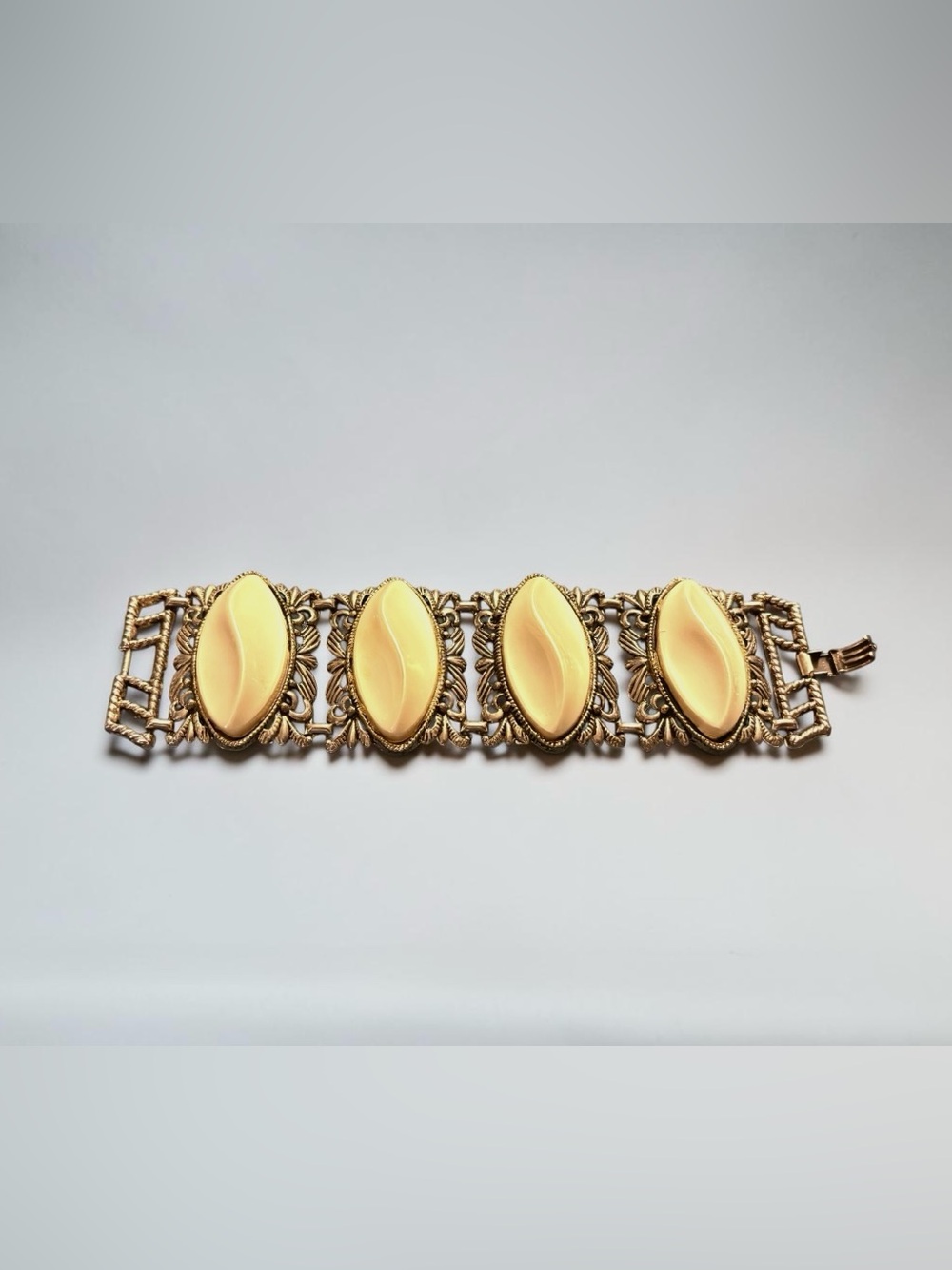 Silver/Gold-Tone Cream Oval Bold Statement Bracelet